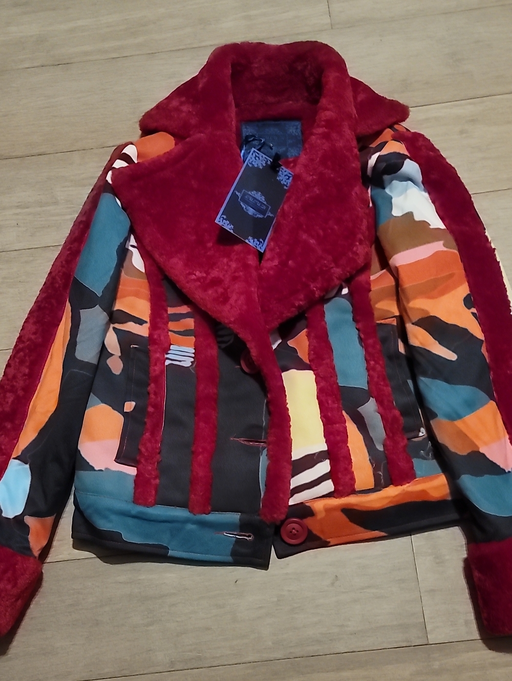 Women's Multicolor Bomber Jacket with Red Faux Fur Trim